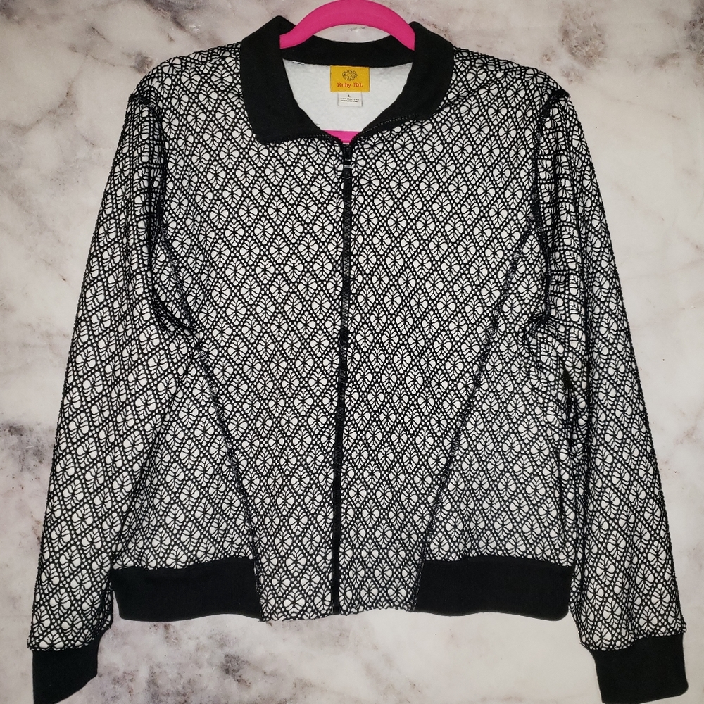 Ruby Rd. White and black lace bomber jacket sz L